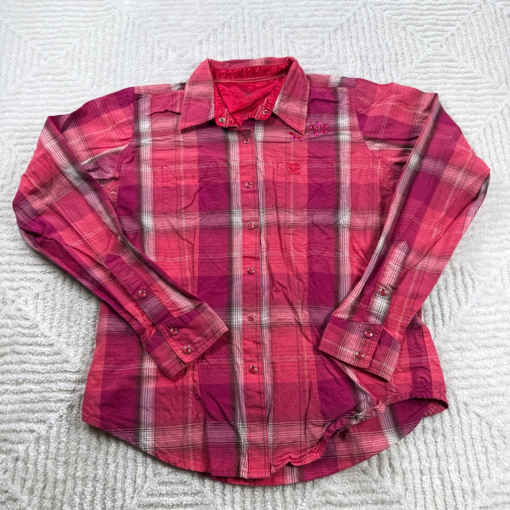 Twenty X Shirt Women's M Tailored Pink Plaid Western Pearl Snap Cowgirl Rodeo
